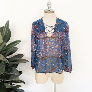 Everly Blue Floral Lace-up Peasant Top Small